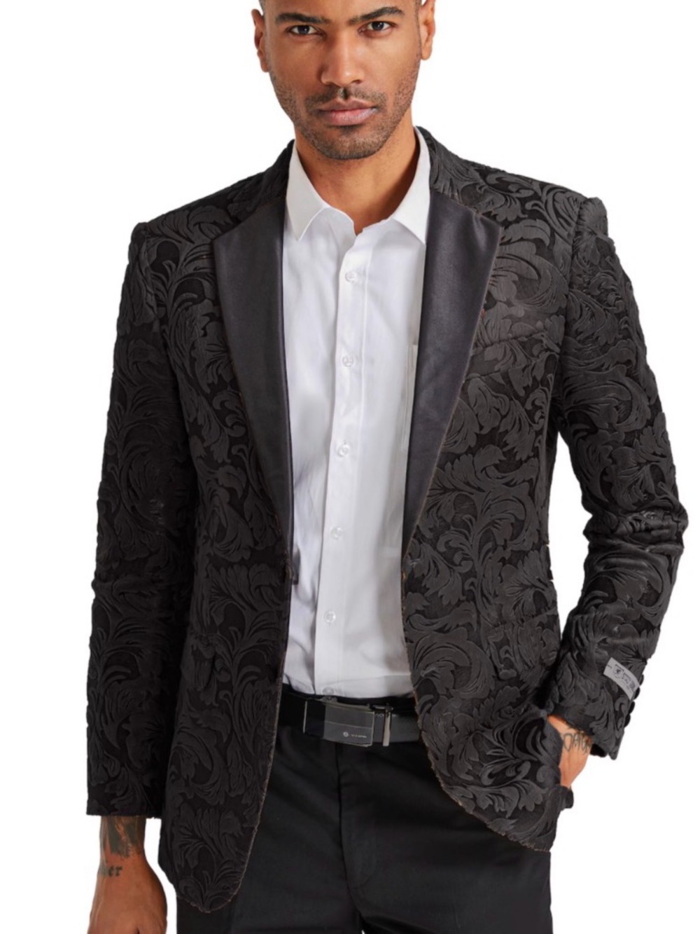 NWOT TureTrendy Black Floral Tuxedo Blazer with Satin Shawl Lapel